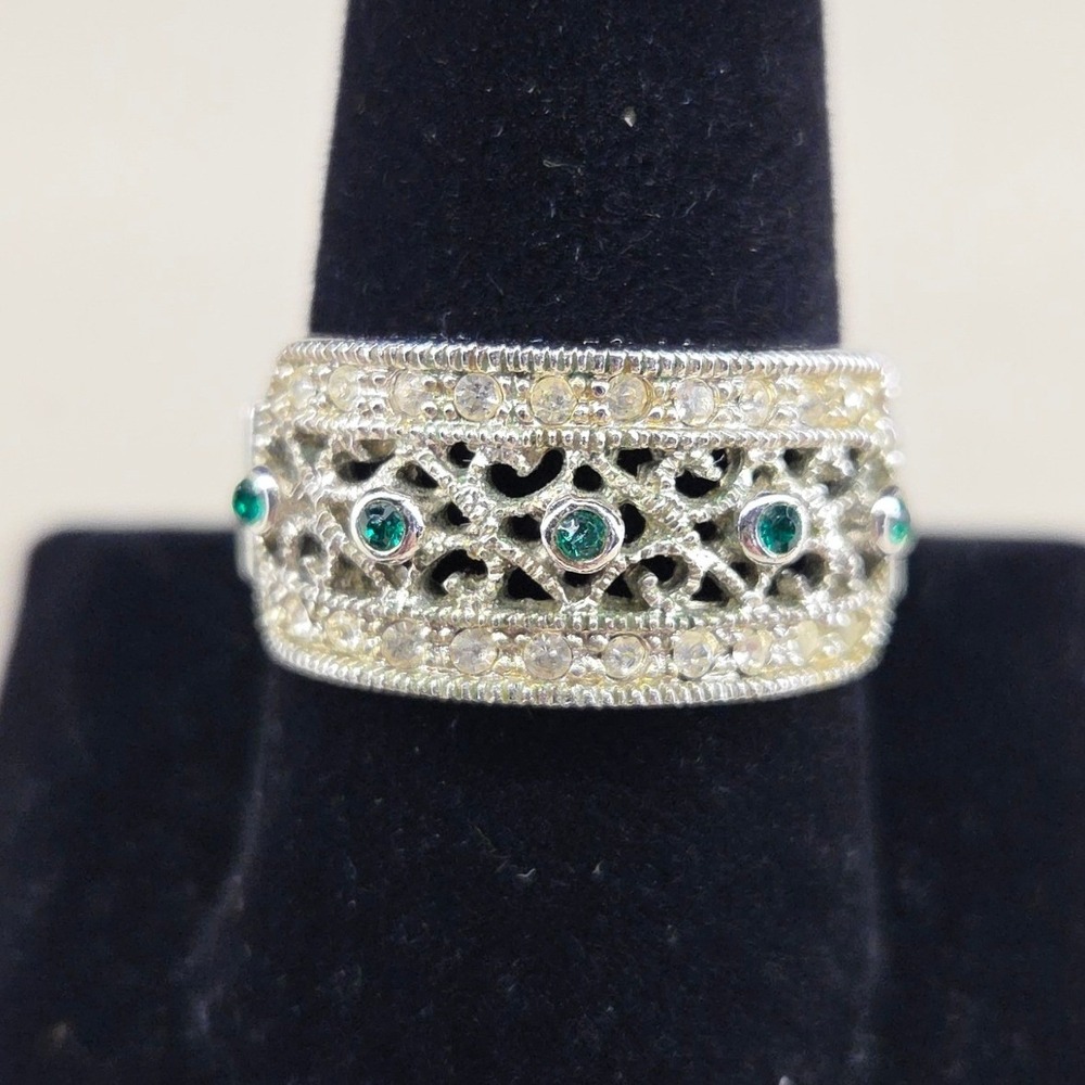 Vintage Style Filigree‎ Wide Band Ring Green and Clear Rhinestones Size 10.5